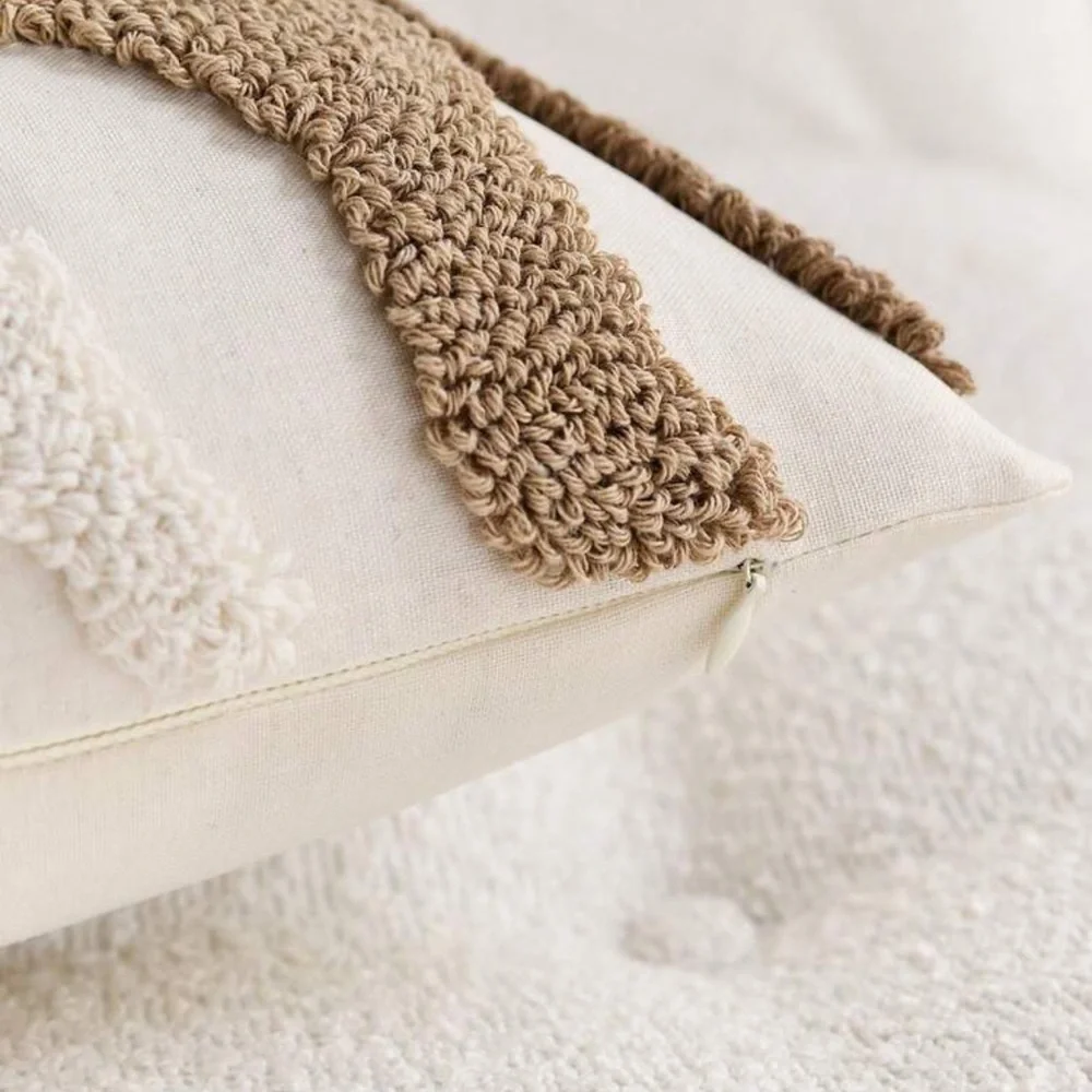 Boho Embroidered Throw Pillow Cover, Cream and Brown, 12”x20”